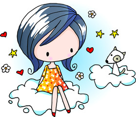 vector cartoon Girl and dog sitting on the cloud