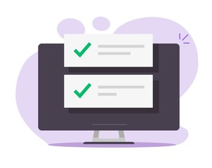 Confirmation notices message notifications list on computer screen, done completed task checklist notes with checkmarks bubbles vector flat, check marks ticks on pc screen update conformed
