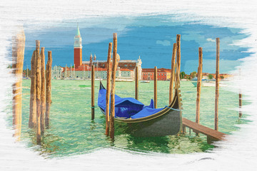Watercolor of gondolas near Church of San Giorgio Maggiore, Venice