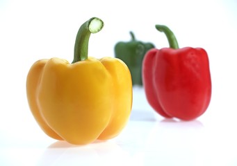Sweet Red, Green and Yellow Pepper, capsicum annuum against White Background