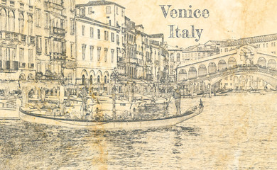 Rialto Bridge in Venice, Italy, sketch on old paper