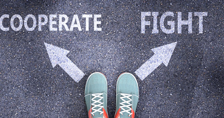 Cooperate and fight as different choices in life - pictured as words Cooperate, fight on a road to symbolize making decision and picking either Cooperate or fight as an option, 3d illustration