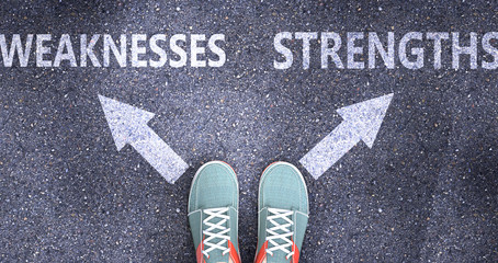 Weaknesses and strengths as different choices in life - pictured as words Weaknesses, strengths on a road to symbolize making decision and picking either one as an option, 3d illustration