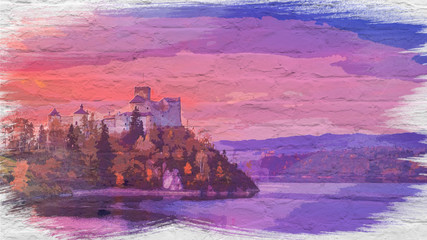 Niedzica castle by lake at sunset, watercolor painting