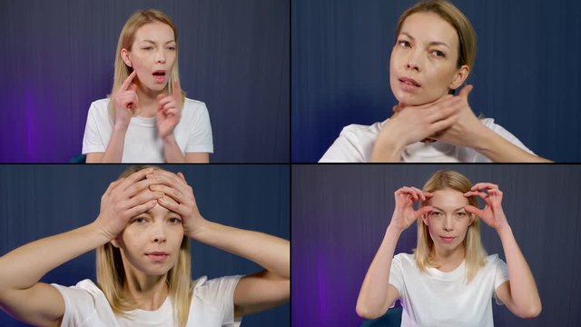 Collage of beautiful blonde girl demonstration and training facial massage getting rid of wrinkles. Modern methods of rejuvenation, health and beauty preservation.