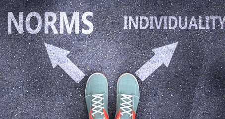 Norms and individuality as different choices in life - pictured as words Norms, individuality on a road to symbolize making decision and picking either one as an option, 3d illustration