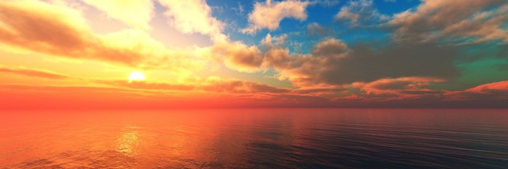 Naklejka na ściany i meble panorama of the ocean sunset, sea sunset, the sun in the clouds over the water, 3D rendering