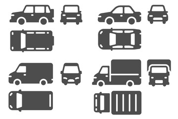 Car top side and front view. Vehicle projection, suv, minibus and truck auto icons for web, ui design outline transportation vector set. Different automobiles signs isolated collection © Tartila