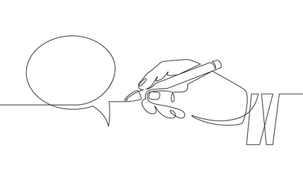 Hand with pen drawing speech bubbles. Sketch hand draws empty think balloon. Chat communication one continuous line vector concept. Holding pencil in palm and creating dialogue bubble