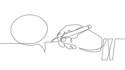 Printed kitchen splashbacks One line Hand with pen drawing speech bubbles. Sketch hand draws empty think balloon. Chat communication one continuous line vector concept. Holding pencil in palm and creating dialogue bubble