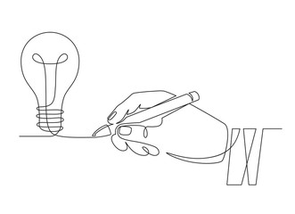 Light bulb idea. Sketch hand with pen drawing one line bulb, invention or creative thinking symbol. New project, brainstorm vector concept. Start up idea, new business creation illustration - obrazy, fototapety, plakaty