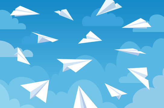 Paper planes in blue sky. White flying airplanes in clouds from different angles and direction. Teamwork, message or travel vector concept. Hitting target, delivering mail. Innovative solution