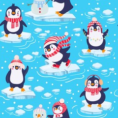 Penguins seamless pattern. Cute baby penguins in winter clothing and hats, christmas arctic animal, kids textile or wallpaper vector texture. Characters standing on piece of ice in cold water