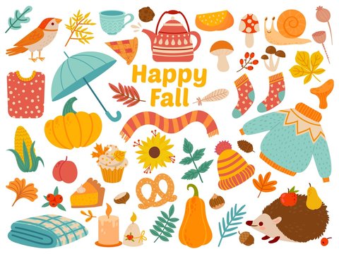 Autumn set. Cartoon yellow plants, food and forest animals, harvest festival and thanksgiving day attributes for card, poster vector set as warm clothing, mushrooms and leaves. Happy fall