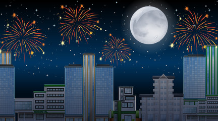 Cityscape with celebration fireworks scene