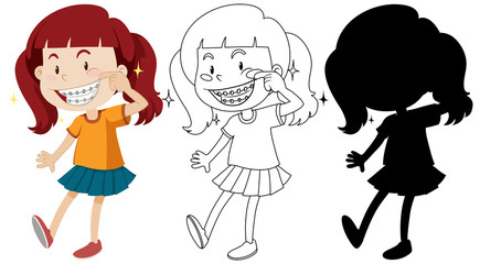 Girl wearing braces with its outline and silhouette