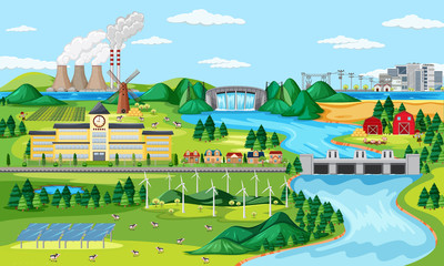 Manufactory and wind turbine and long river scene