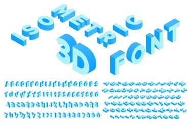 Isometric 3d font. Perspective alphabet lettering, numbers and punctuation marks or symbols. English or latin abc isometry template. Isolated letter set. Geometric typography vector illustration