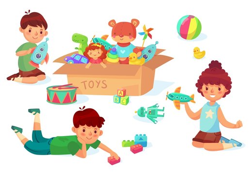 Children playing with toys. Boy holding rocket in hands, guy with bricks. Girl playing with airplane. Cardboard with different toys as car and doll, car, rubber duck. Kids have entertainment vector