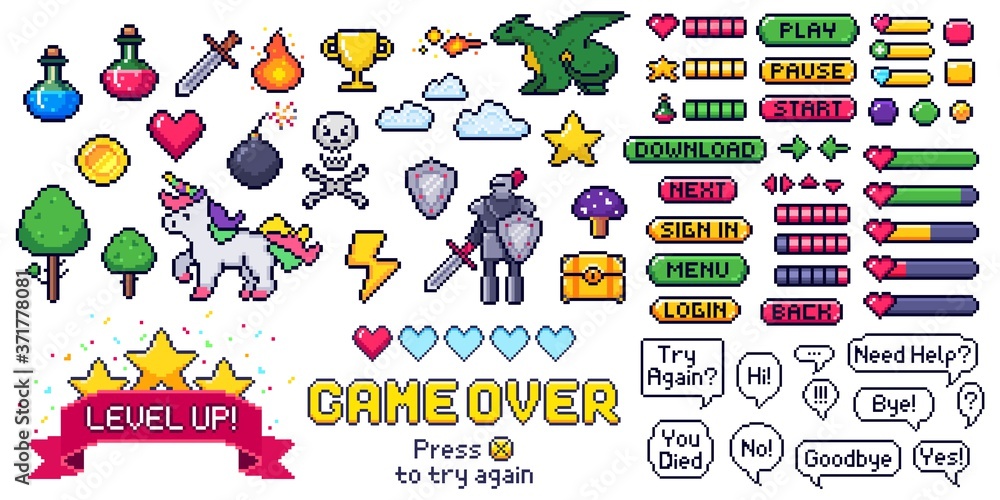 Poster pixel game elements set. digital life bars and menu button as menu, stop and play. speech bubbles wi