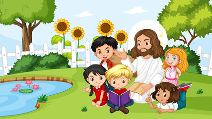 Obraz na płótnie Canvas Jesus with children in the park