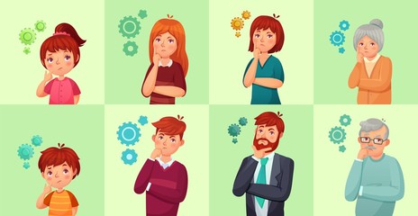 People solving problem or thinking serious decision. Kid or children teenagers. Office workers generating idea, brainstorming. Old grandparents, elderly cartoon people vector illustration