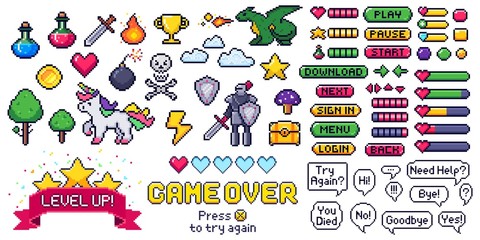 Pixel game elements set. Digital life bars and menu button as menu, stop and play. Speech bubbles with message. Objects as heart and coin, trophy and fire, cloud and bomb vector illustration - obrazy, fototapety, plakaty