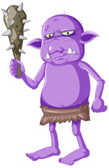Purple goblin or troll holding hunting tool in cartoon character isolated