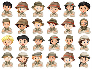 Set of different characters of boys and girls scout costume on a white background
