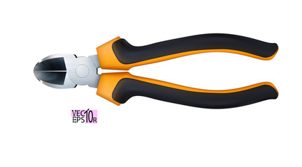 Realistic Wire cutters with rubber, plastic handles isolated on white background. For removing nails from wood. Modern carpenters hand tools for repair and construction. Vector illustration.