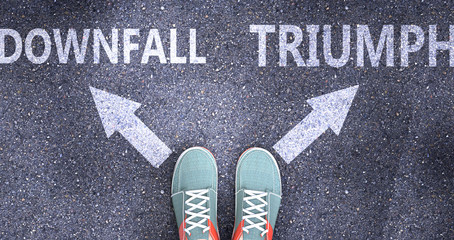 Downfall and triumph as different choices in life - pictured as words Downfall, triumph on a road to symbolize making decision and picking either Downfall or triumph as an option, 3d illustration