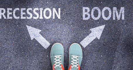 Recession and boom as different choices in life - pictured as words Recession, boom on a road to symbolize making decision and picking either Recession or boom as an option, 3d illustration
