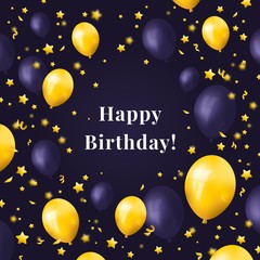 happy birthday lettering with gold and black balloons on a dark background. luxury square greeting banner with stars and balloons.