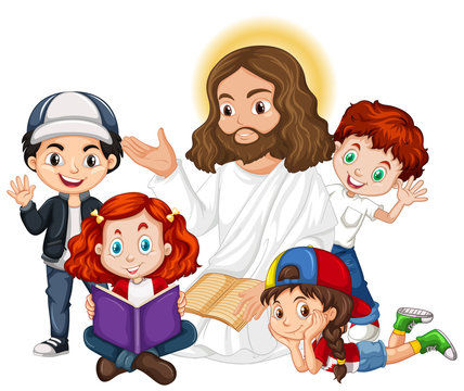 Jesus preaching to a children group cartoon character