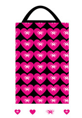 
Gift bag design with abstract hearts print. Beautiful graphic illustration on a black background. For packing wedding, romantic gifts, toys, sweets, household items
