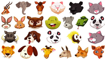 Set of different cute cartoon animals head huge isolated on white background