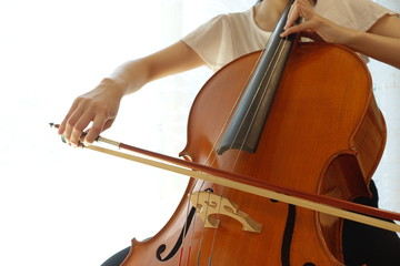 チェロを弾く若い女性　柔らかい光が射す部屋で woman playing the  cello