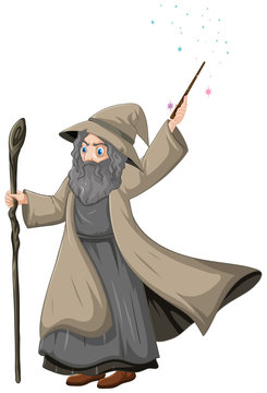 Old wizard with magic wand cartoon style isolated on white background
