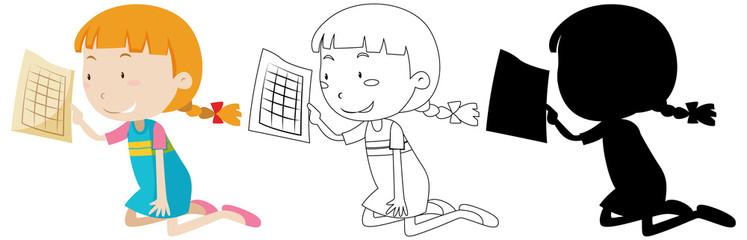 Happy girl holding paper with its outline and silhouette