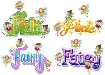 Fototapeta na wymiar Set of fairy and pixie logo with little fairies on white background