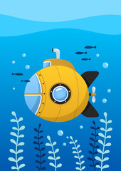 Yellow submarine undersea with fishes, underwater ship. Poster for baby room. Childish print for nursery. Design can be used for greeting card, invitation, baby shower. Vector illustration.