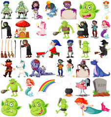 Set of fantasy cartoon characters and fantasy theme isolated on white background