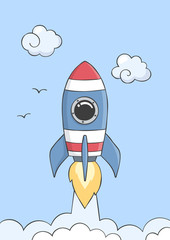 Space rocket flying in space with planets and stars. Poster for baby room. Childish print for nursery. Vector illustration.