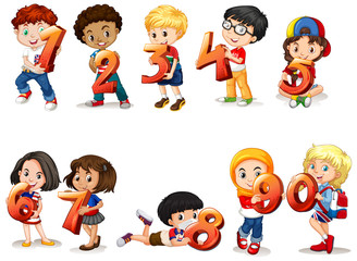 Set of different children holding math number