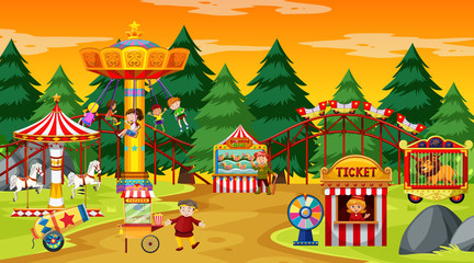 Amusement park scene at daytime with yellow sky