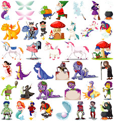 Set of fantasy cartoon characters and fantasy theme isolated on white background