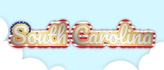 "South Carolina" banner, big bold stroke style text. Editable removable background. Gold and silver script on the US flag, in sky with clouds. Vector Illustration.