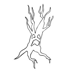 Hand drawn silhouette with a horror dry tree. Vector illustration for a fun Halloween holiday. Isolated object on a white background in the style of doodles. Clipart for postcards, invitations.