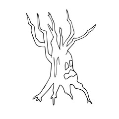 Hand drawn silhouette with a horror dry tree. Vector illustration for a fun Halloween holiday. Isolated object on a white background in the style of doodles. Clipart for postcards, invitations.
