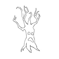 Hand drawn silhouette with a horror dry tree. Vector illustration for a fun Halloween holiday. Isolated object on a white background in the style of doodles. Clipart for postcards, invitations.